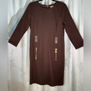 Michael Kors Brown Long Sleeve Sheath Dress with Gold Zippers